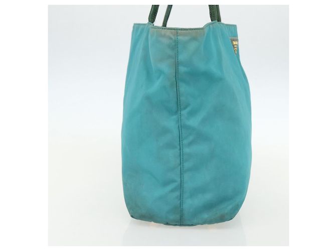 Borsa Tote PRADA in nylon blu turchese oro Auth 155080 D'oro - vista 3