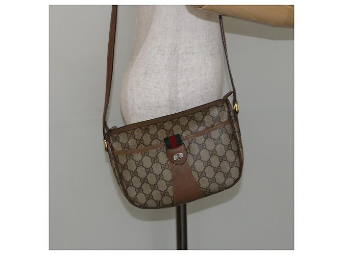 Borsa a Spalla Gucci GG Canvas Web Sherry Line in Pelle PVC Beige Rossa Auth 146143 Rosso Verde - vista 24