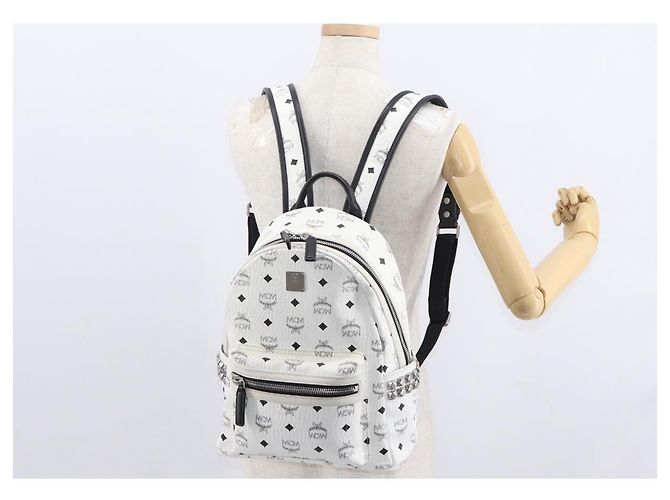 MCM Vicetos Logogram Backpack PVC Leather White Silver Auth kk581 Silvery - view 24