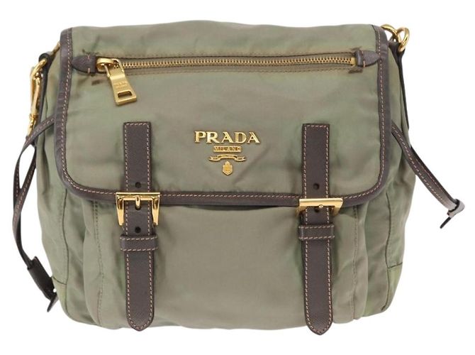 Bolsa de Ombro PRADA Nylon Verde Ouro Auth 155214 Dourado - vista 13