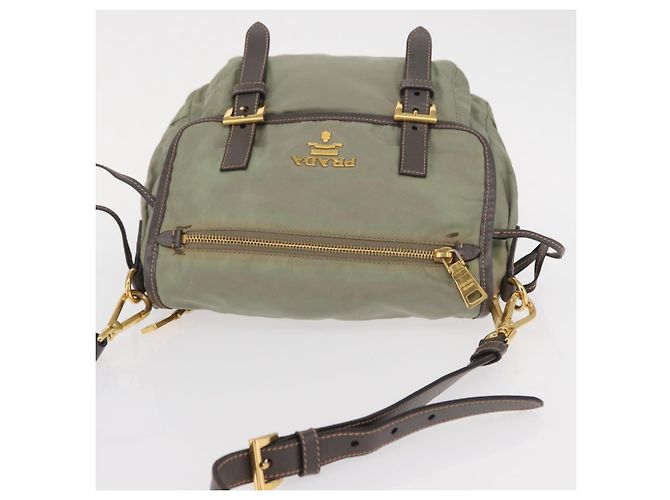 Bolsa de Ombro PRADA Nylon Verde Ouro Auth 155214 Dourado - vista 6