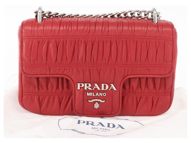 PRADA Borsa a Spalla in Pelle Nappa Goful con Catena Rossa Argento Auth 157786 Rosso - vista 12