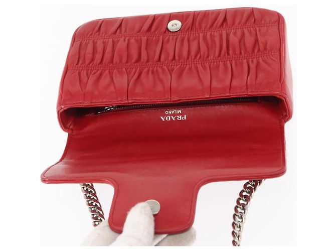 PRADA Borsa a Spalla in Pelle Nappa Goful con Catena Rossa Argento Auth 157786 Rosso - vista 18