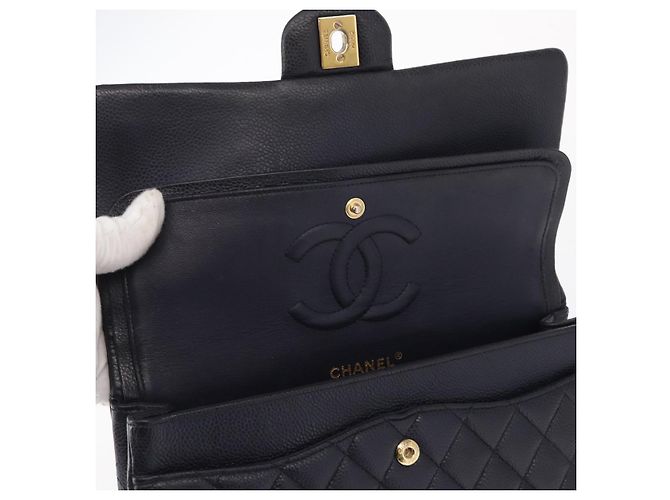 CHANEL Matelassé 25 Borsa a Doppio Faldone in Pelle Caviar Blu Navy Oro CC Auth 158359SM - vista 19