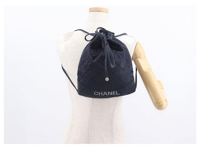 CHANEL Zaino Matelassé Satin Blu Navy CC Auth 154704 - vista 23
