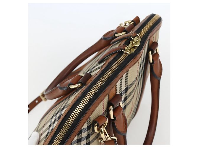 Bolsa de mão Nova Check em PVC da BURBERRY 2 vias Bege Ouro Auth fm4955 Dourado - vista 6
