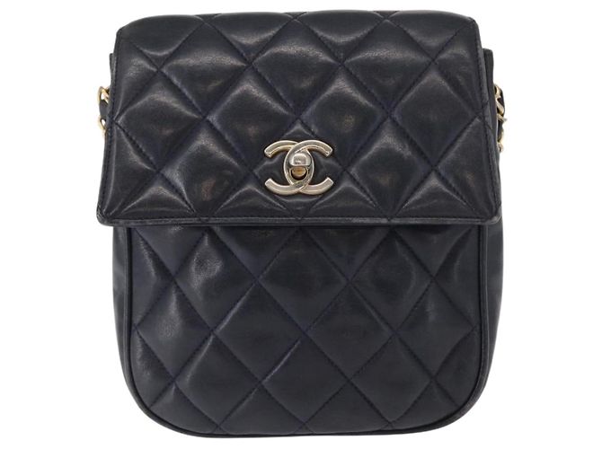 CHANEL Borsa a Spalla Matelassé in Pelle di Agnello Blu Navy Oro CC Auth 156505 D'oro - vista 13