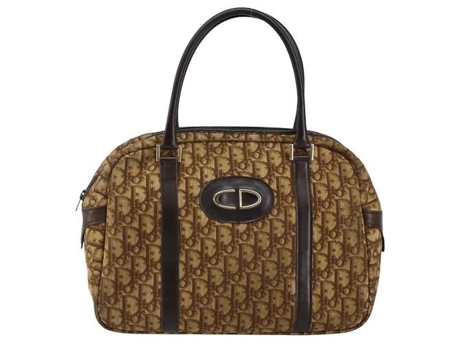 Borsa a mano in tela Trotter Christian Dior marrone oro Auth 146427 - vista 13