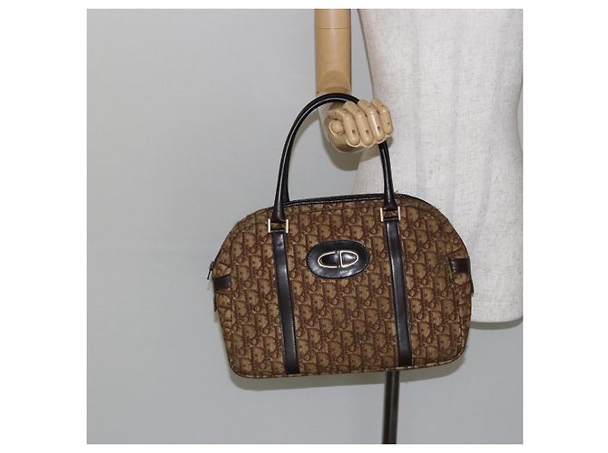 Borsa a mano in tela Trotter Christian Dior marrone oro Auth 146427 - vista 22