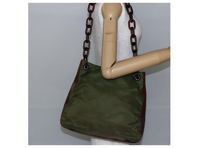 Borsa a spalla con catena Prada in nylon khaki Auth bs29881 Cachi - vista 22