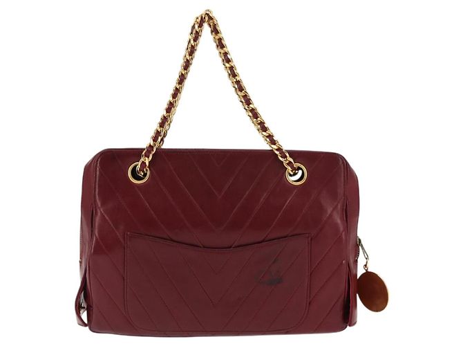 BALLY V Stitch Catena Borsa a Mano in Pelle di Agnello Bordeaux Oro Auth bs29487 D'oro Bordò - vista 2