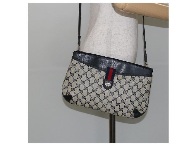 Borsa a Spalla Gucci GG Canvas Sherry Line in Pelle PVC Blu Navy e Rossa Auth 146144 Rosso - vista 22