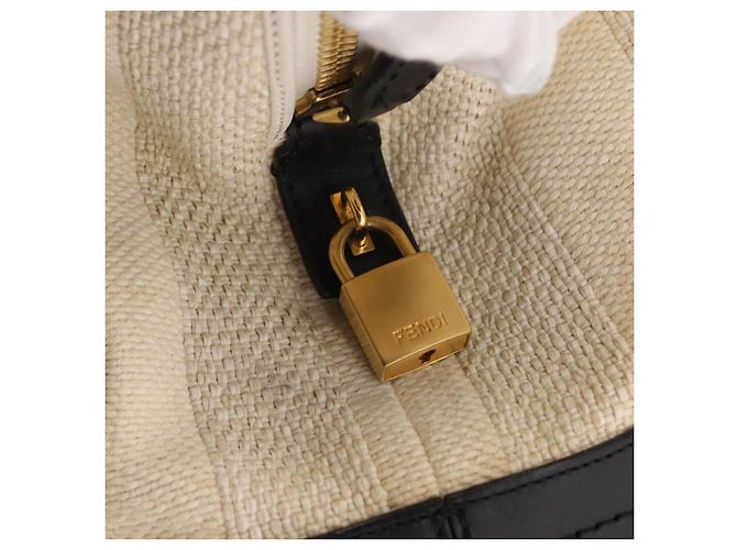 Pequin FENDI Pecan Canvas Tote Bag Canvas Leder Beige Schwarz Gold Auth bs29810 Golden - Ansicht 10