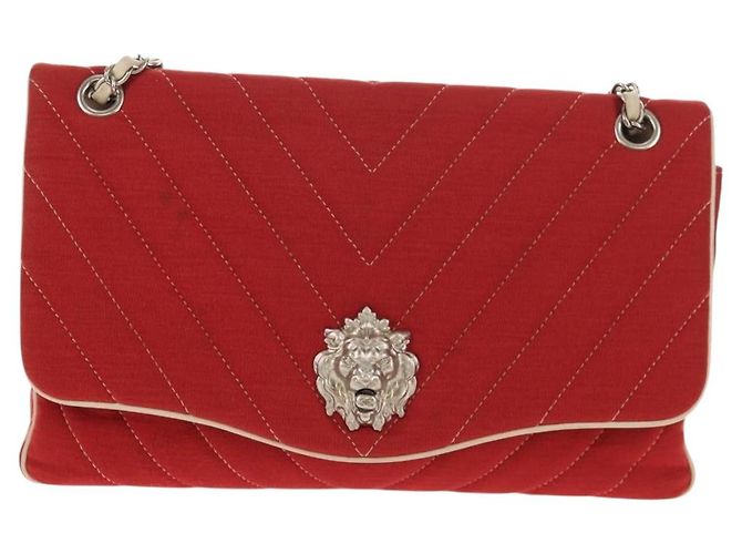 CHANEL V Stitch Flap Borsa a Spalla con Catena Cotone Rosso Argento CC Auth bs29952V - vista 13