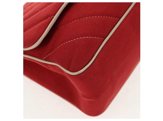 CHANEL V Stitch Flap Borsa a Spalla con Catena Cotone Rosso Argento CC Auth bs29952V - vista 15