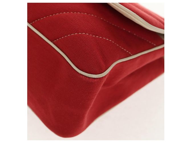 CHANEL V Stitch Flap Borsa a Spalla con Catena Cotone Rosso Argento CC Auth bs29952V - vista 16
