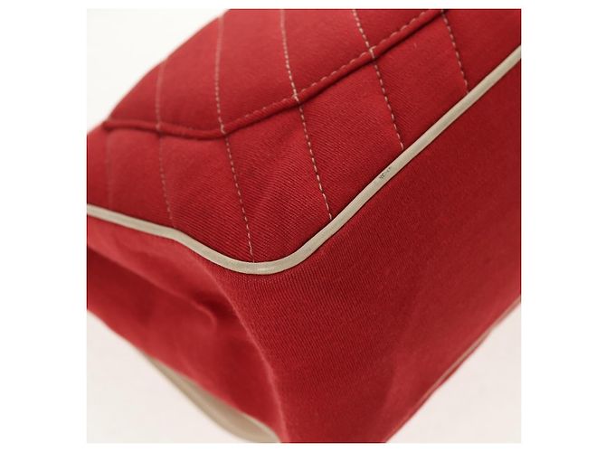 CHANEL V Stitch Flap Borsa a Spalla con Catena Cotone Rosso Argento CC Auth bs29952V - vista 17