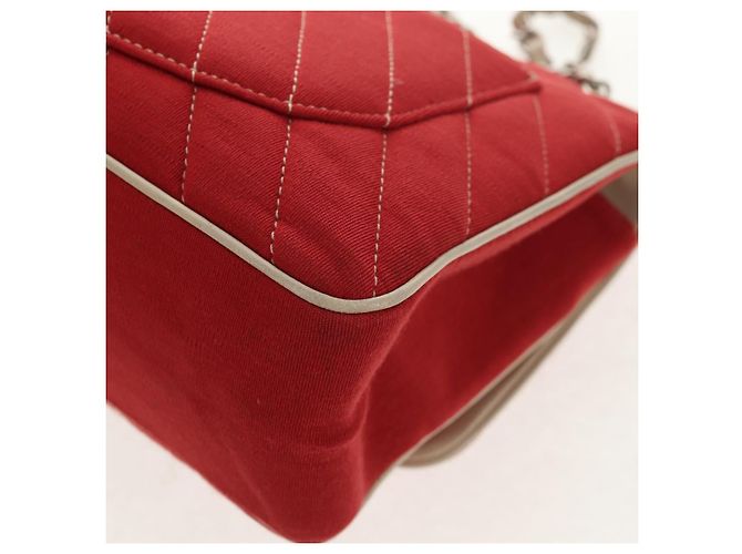 CHANEL V Stitch Flap Borsa a Spalla con Catena Cotone Rosso Argento CC Auth bs29952V - vista 18