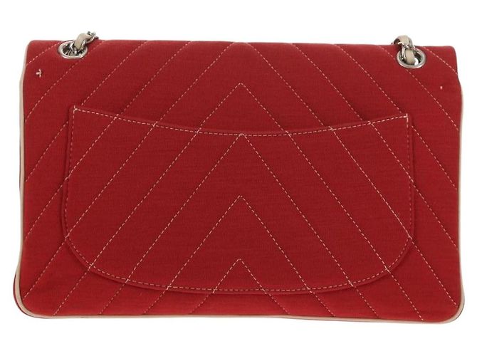 CHANEL V Stitch Flap Borsa a Spalla con Catena Cotone Rosso Argento CC Auth bs29952V - vista 2