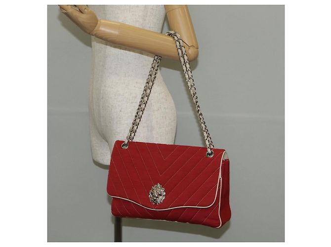 CHANEL V Stitch Flap Borsa a Spalla con Catena Cotone Rosso Argento CC Auth bs29952V - vista 29
