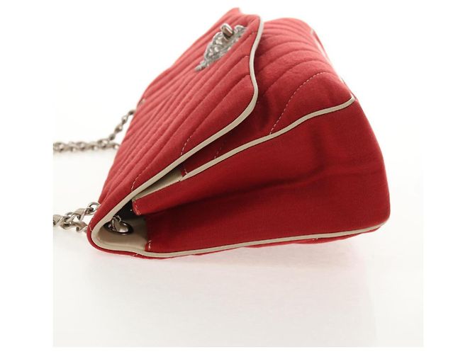 CHANEL V Stitch Flap Borsa a Spalla con Catena Cotone Rosso Argento CC Auth bs29952V - vista 3