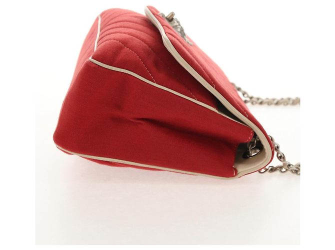 CHANEL V Stitch Flap Borsa a Spalla con Catena Cotone Rosso Argento CC Auth bs29952V - vista 4