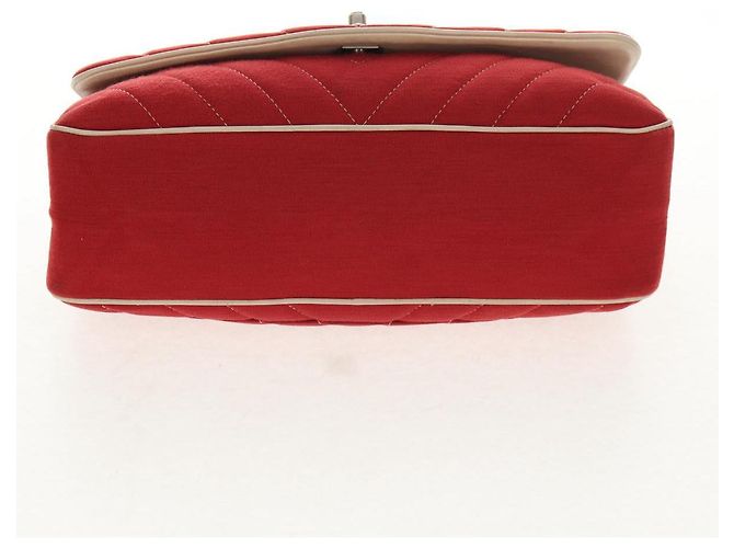 CHANEL V Stitch Flap Borsa a Spalla con Catena Cotone Rosso Argento CC Auth bs29952V - vista 5