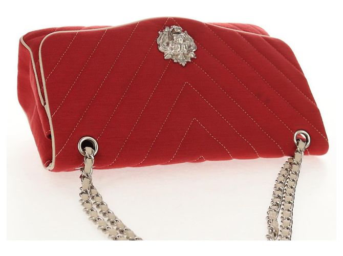 CHANEL V Stitch Flap Borsa a Spalla con Catena Cotone Rosso Argento CC Auth bs29952V - vista 6