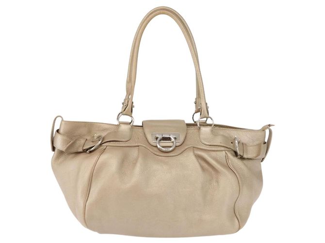 Borsa Tote Gancini Marissa in pelle beige e argento di Salvatore Ferragamo Auth bs30081 - vista 13