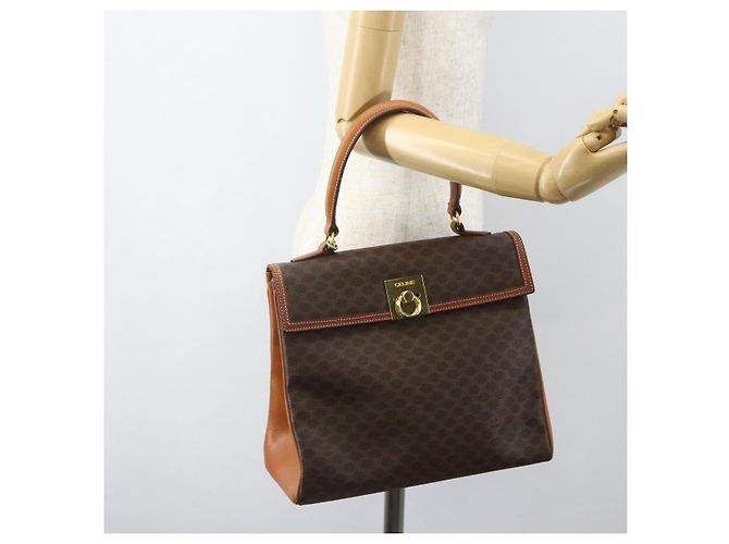 Céline Borsa a mano in tela Macadam CELINE in pelle PVC marrone e oro Auth ka556 D'oro - vista 22