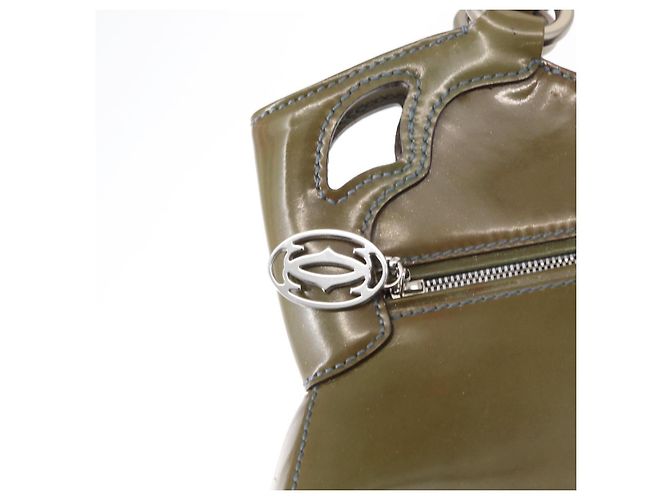 CARTIER Borsa a Mano Pelle Verniciata Khaki Argento Auth 151787 - vista 14