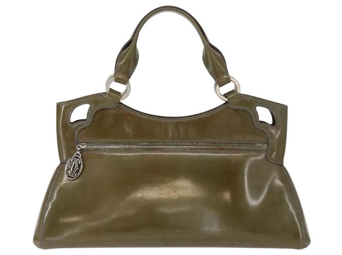 CARTIER Borsa a Mano Pelle Verniciata Khaki Argento Auth 151787 - vista 3