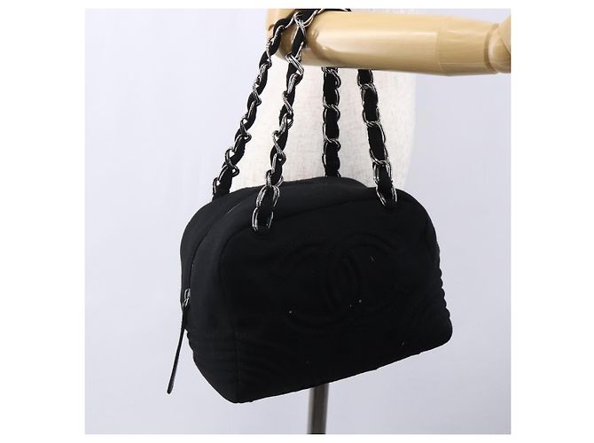 CHANEL COCO Borsa a mano in cotone argento nero CC Auth 150550 - vista 22