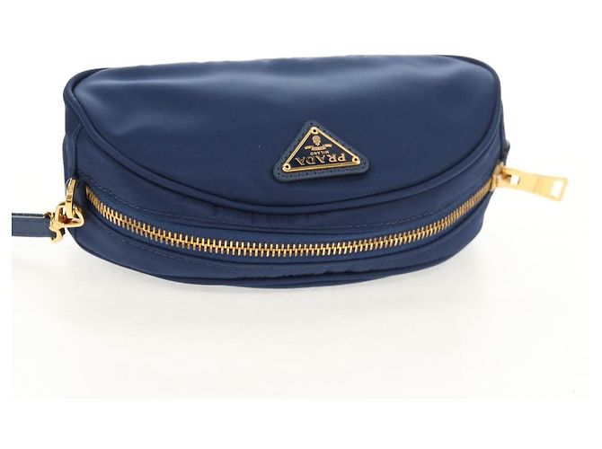 Borsa Clutch PRADA in nylon blu e oro Auth SW1822V D'oro - vista 6