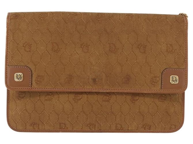 Borsa a spalla in tela a nido d'ape Christian Dior con catena, oro e marrone, Auth 151879 D'oro - vista 13