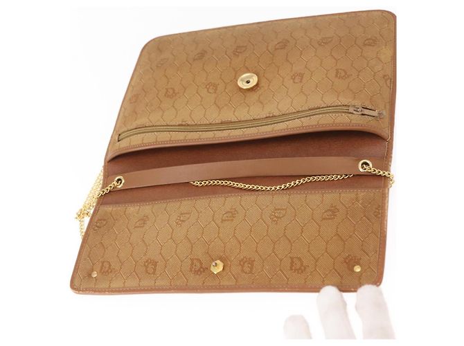 Borsa a spalla in tela a nido d'ape Christian Dior con catena, oro e marrone, Auth 151879 D'oro - vista 9