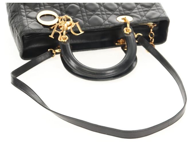 Borsa Lady Dior Canage Christian Dior in pelle di agnello 2 in 1 nera oro Auth 148689V Nero D'oro - vista 10