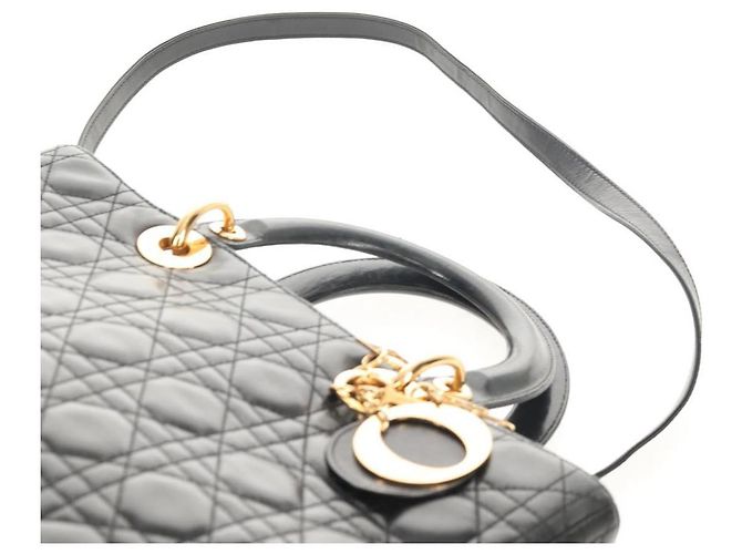 Borsa Lady Dior Canage Christian Dior in pelle di agnello 2 in 1 nera oro Auth 148689V Nero D'oro - vista 11