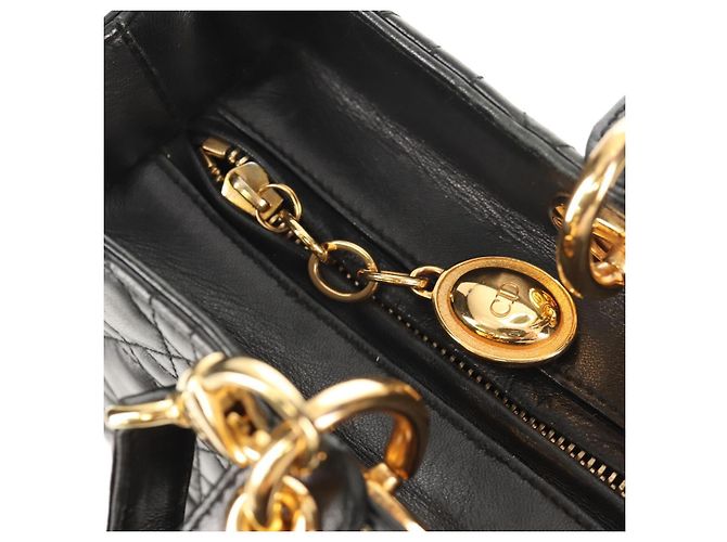 Borsa Lady Dior Canage Christian Dior in pelle di agnello 2 in 1 nera oro Auth 148689V Nero D'oro - vista 18