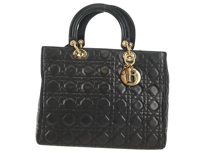Borsa Lady Dior Canage Christian Dior in pelle di agnello 2 in 1 nera oro Auth 148689V Nero D'oro - vista 2