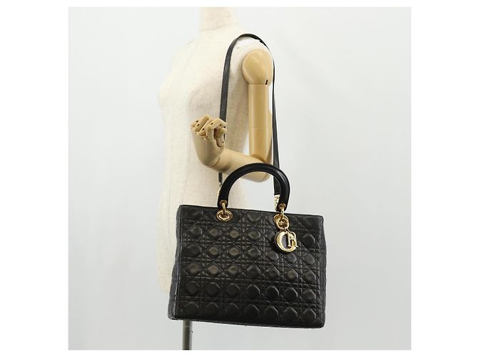 Borsa Lady Dior Canage Christian Dior in pelle di agnello 2 in 1 nera oro Auth 148689V Nero D'oro - vista 26