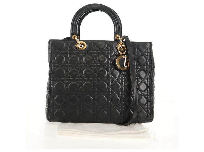 Borsa Lady Dior Canage Christian Dior in pelle di agnello 2 in 1 nera oro Auth 148689V Nero D'oro - vista 27