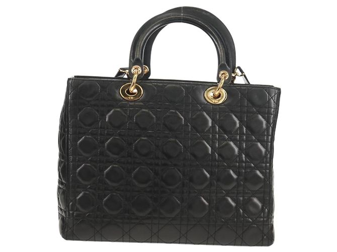 Borsa Lady Dior Canage Christian Dior in pelle di agnello 2 in 1 nera oro Auth 148689V Nero D'oro - vista 3