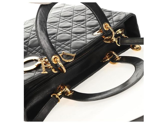 Borsa Lady Dior Canage Christian Dior in pelle di agnello 2 in 1 nera oro Auth 148689V Nero D'oro - vista 6