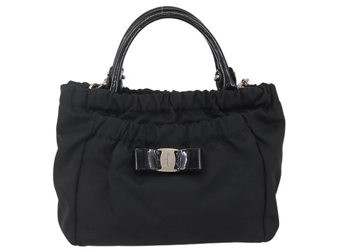 Borsa a mano Salvatore Ferragamo in nylon smaltato 2 in 1 nera Auth BA8225 - vista 13