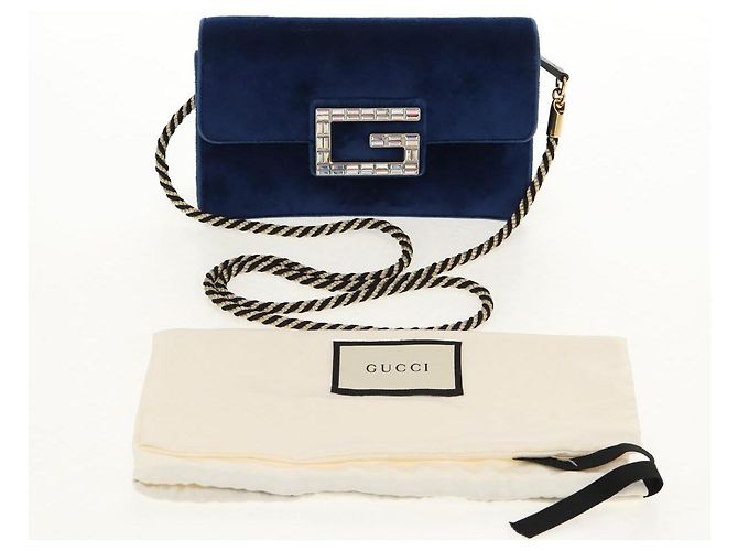 Borsa a Spalla GUCCI Velluto Blu Oro 544242 Auth ka591V D'oro - vista 12