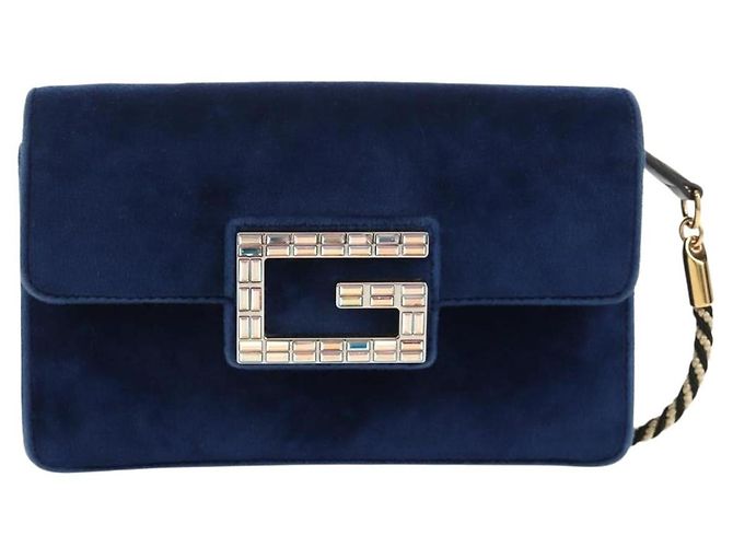Borsa a Spalla GUCCI Velluto Blu Oro 544242 Auth ka591V D'oro - vista 13