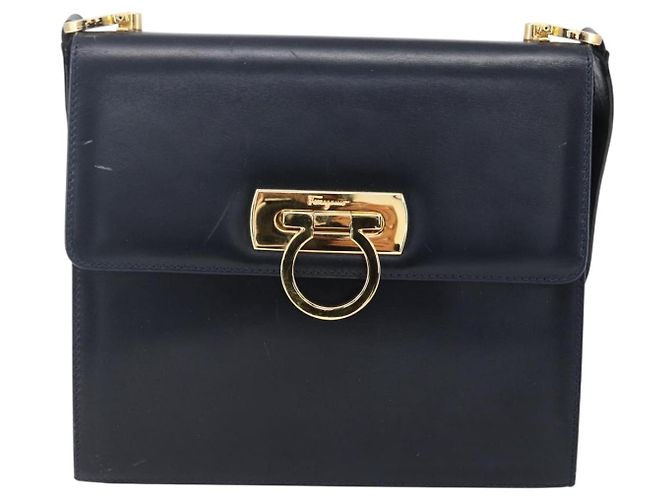 Borsa a Spalla Gancini in Pelle Salvatore Ferragamo Blu Navy Oro Auth 149086 D'oro - vista 13