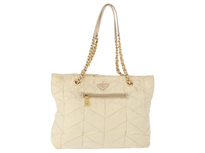 Tote PRADA Kettentasche Nylon Elfenbein Gold Auth 150390 Golden Roh - vista 13