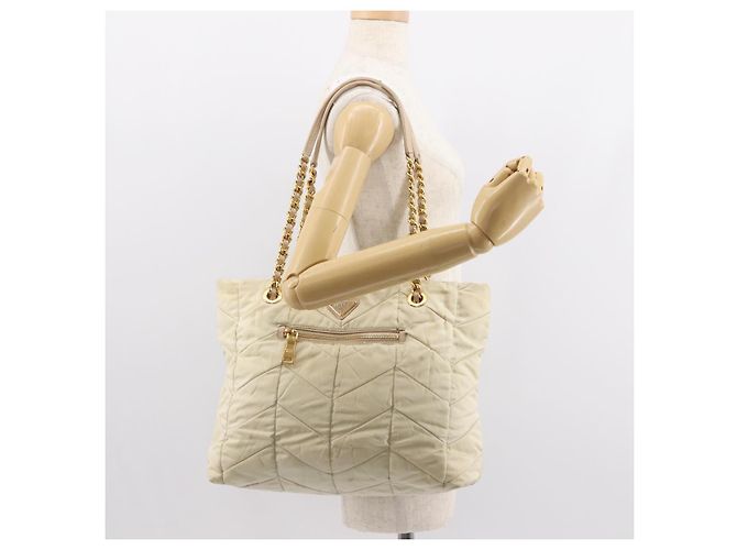 Tote PRADA Kettentasche Nylon Elfenbein Gold Auth 150390 Golden Roh - vista 24